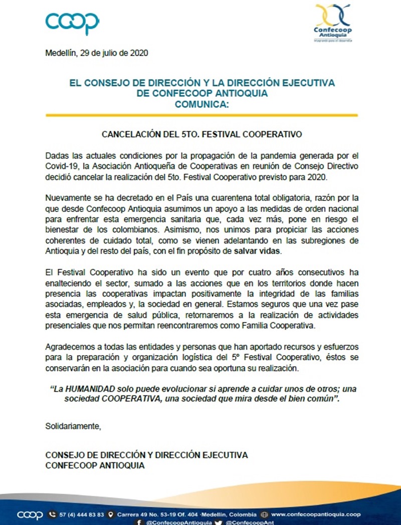 CANCELACIÓN DEL 5TO. FESTIVAL COOPERATIVO | Confecoop Antioquia