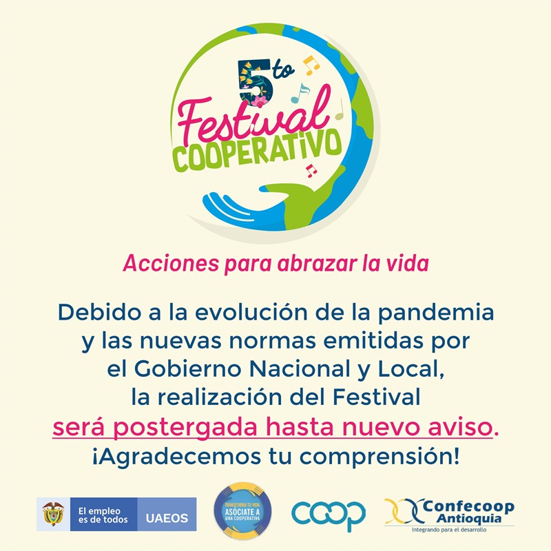 Aplazamiento 5to. Festival Cooperativo | Confecoop Antioquia